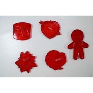 Lot of 5 Vintage Holiday Red Plastic‎ Cookie Cutters Heart, Drum, Flower, Turkey